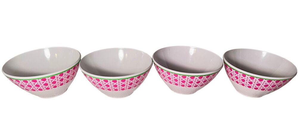 Whim By Cynthia Rowley Cane Pattern Pink & White Melamine Soup Bowls Set of 4